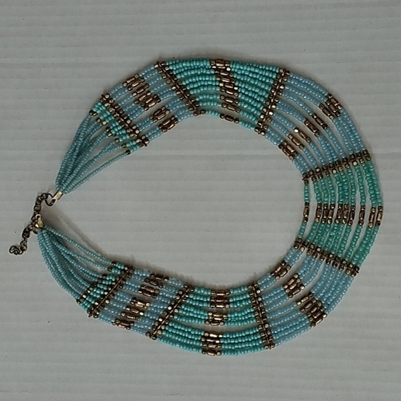 Nine Strand Beaded Necklace Blue/Green/Bronze with 2' Extension - Picture 2 of 7